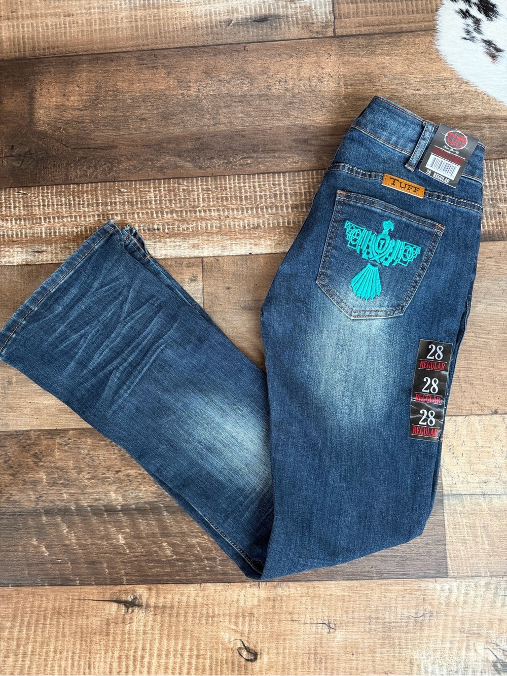 Cowgirl Tuff Blue Denim Bootcut Jeans with Turquoise Embroidered Pocket